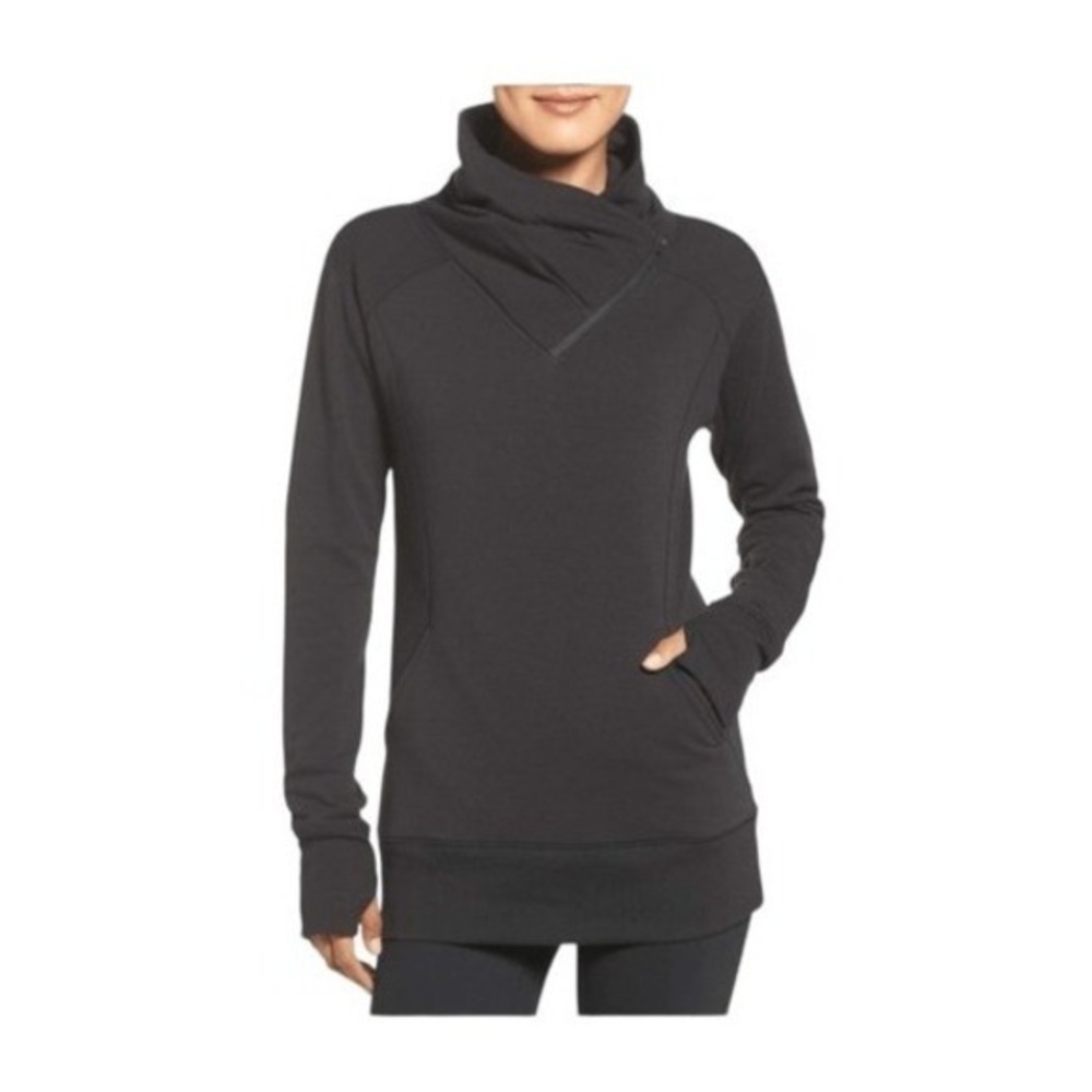 Zella Frosty Frosty Asymmetrical Yoga Sweatshirt Black Fleece Funnel Neck S